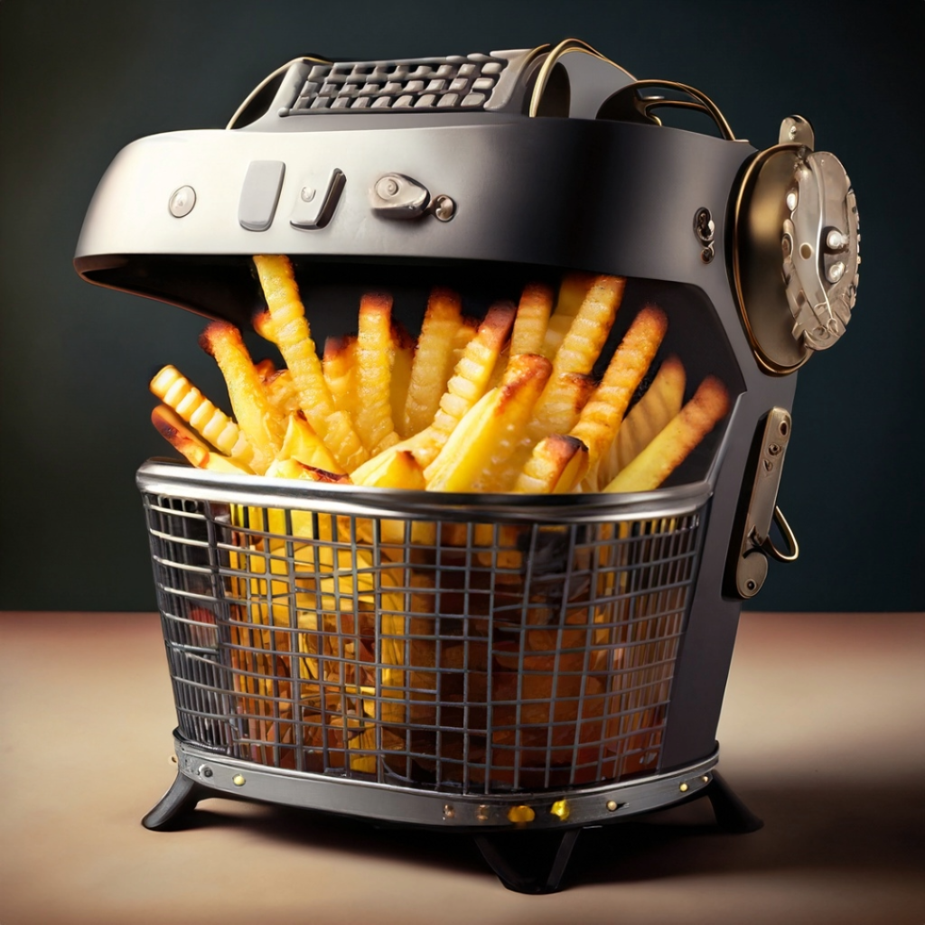 An artists impression of an early 1900s air fryer in steampunk style.